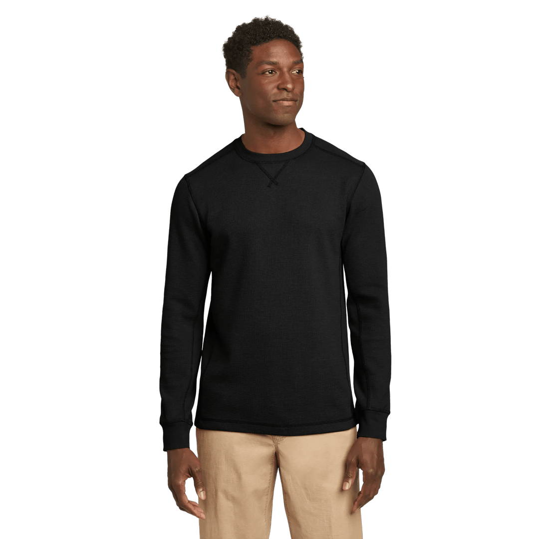 Men's long sleeve crew neck top with fine ribbed texture and cuffed sleeves