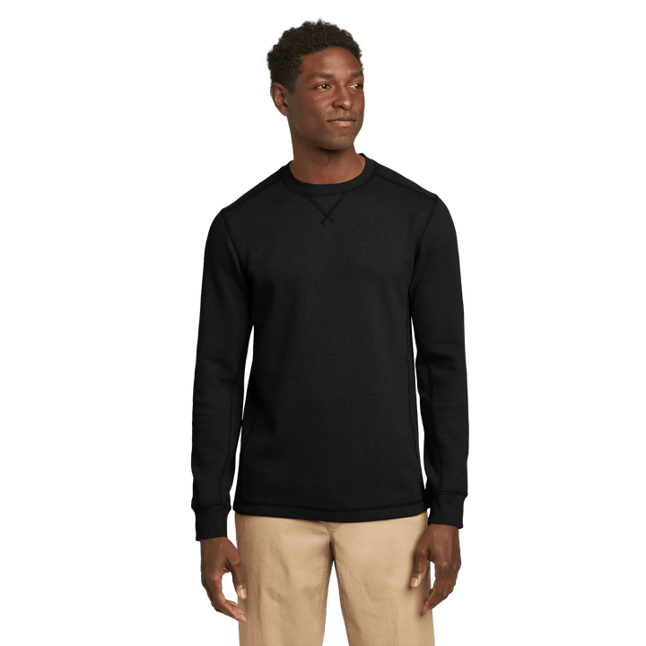 Men's long sleeve crew neck top with fine ribbed texture and cuffed sleeves