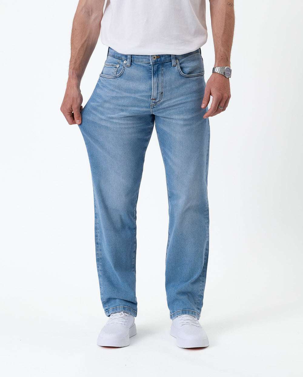 Men's light blue classic straight-leg jeans with five pockets