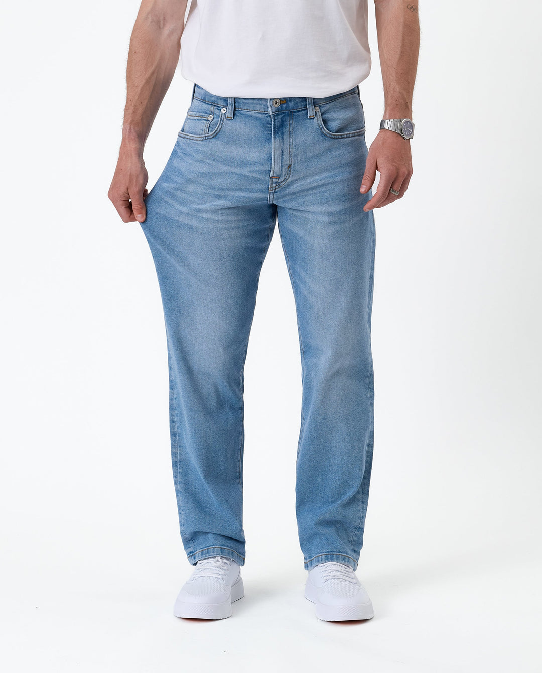 Men's light blue classic straight-leg jeans with five pockets