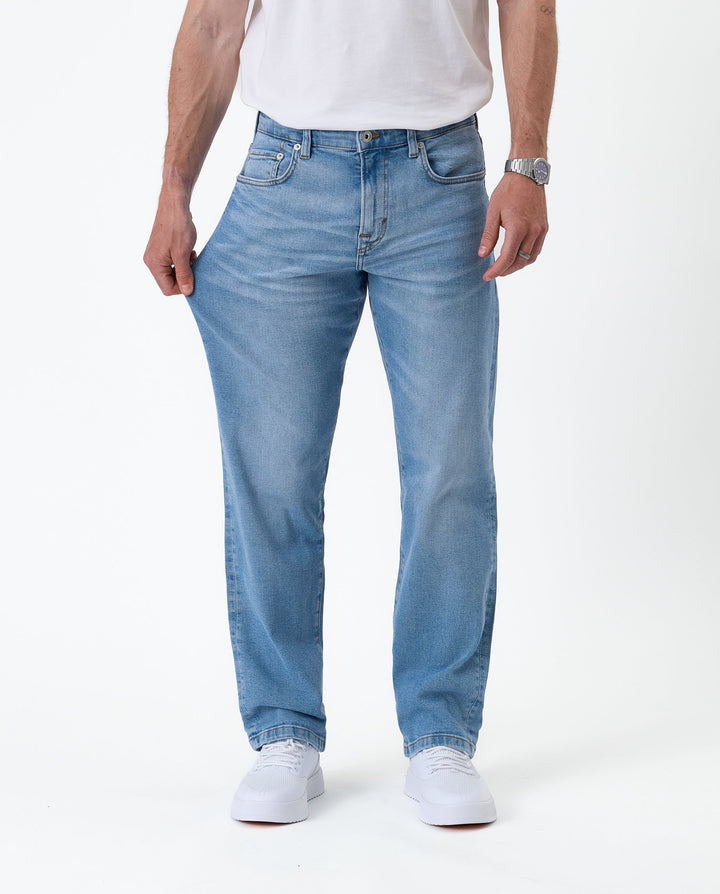 Men's light blue classic straight-leg jeans with five pockets