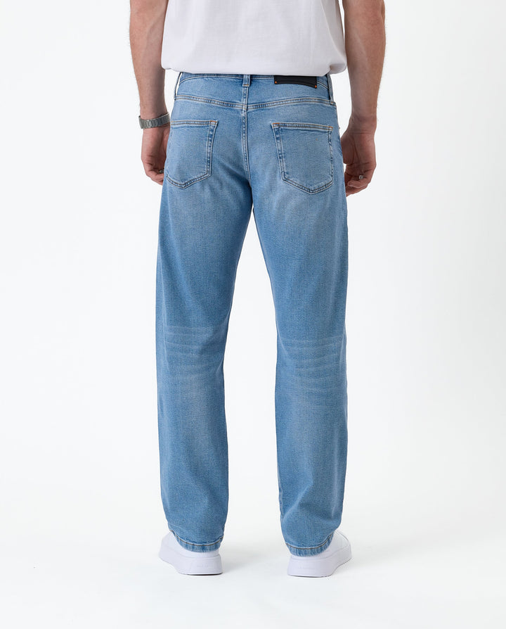Men's light blue classic straight-leg jeans with five pockets