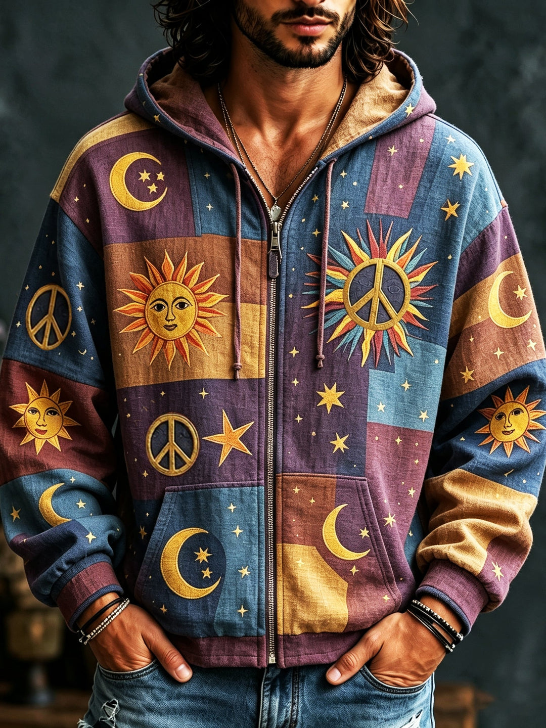 Men's patchwork hoodie with sun moon star and peace motifs