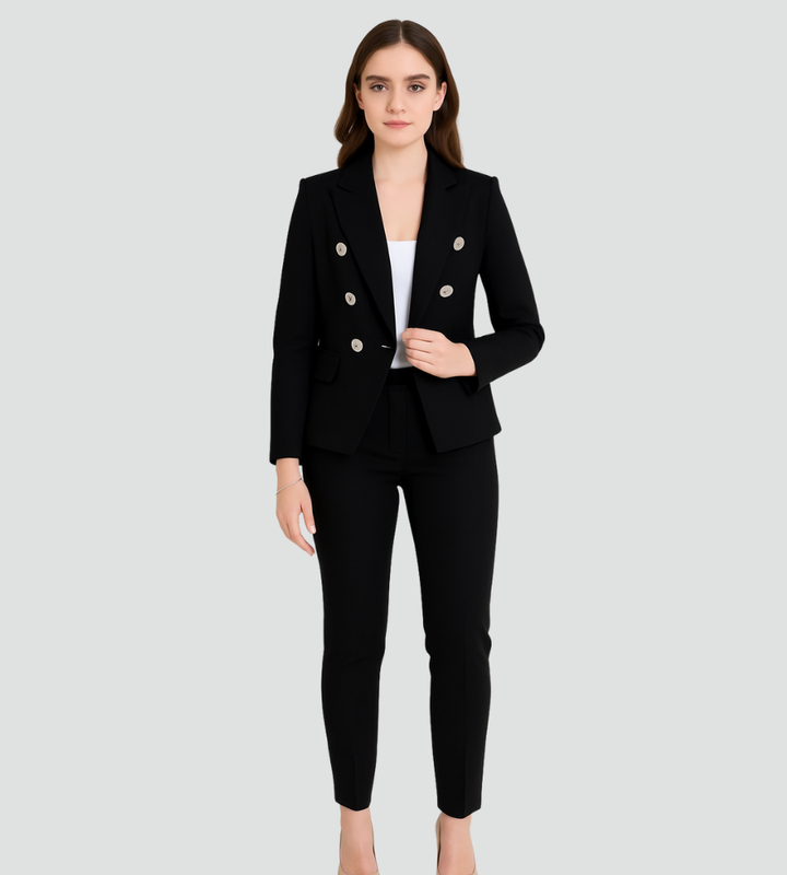 Women's double-breasted trouser suit with tailored blazer and ankle-length trousers