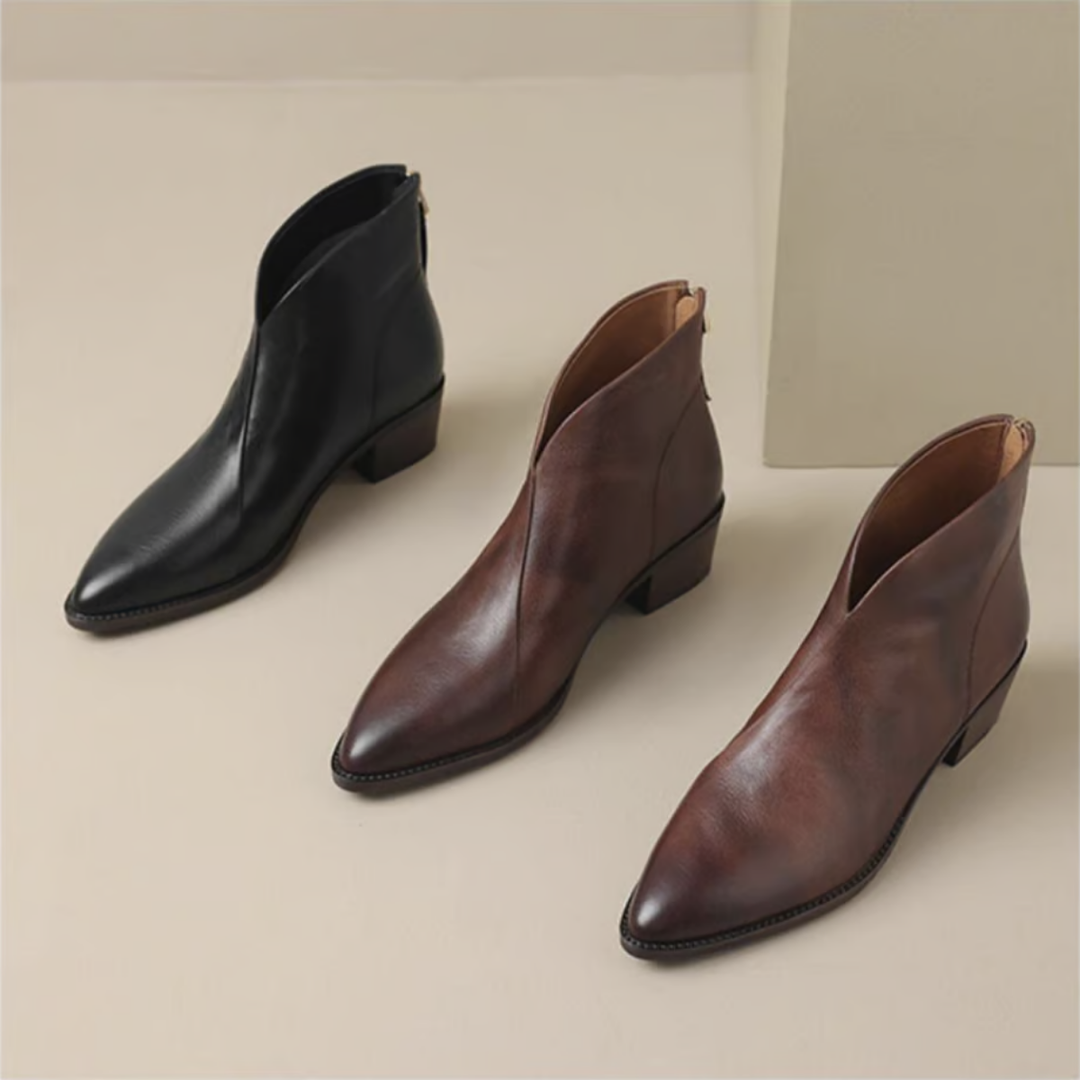 Women's pointed toe ankle boots with low block heels and side zips