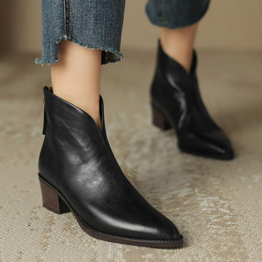 Women's pointed toe ankle boots with low block heels and side zips