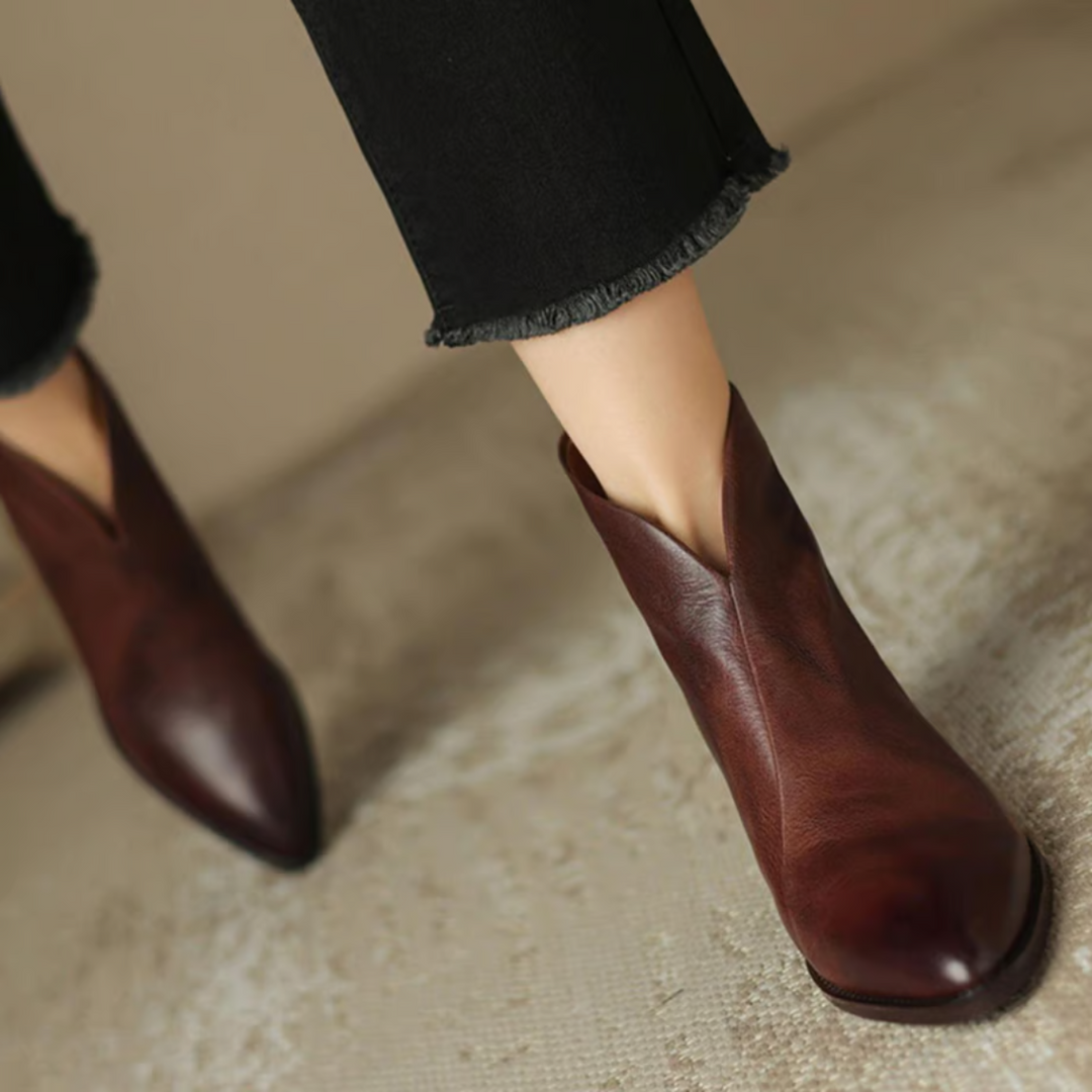 Women's pointed toe ankle boots with low block heels and side zips