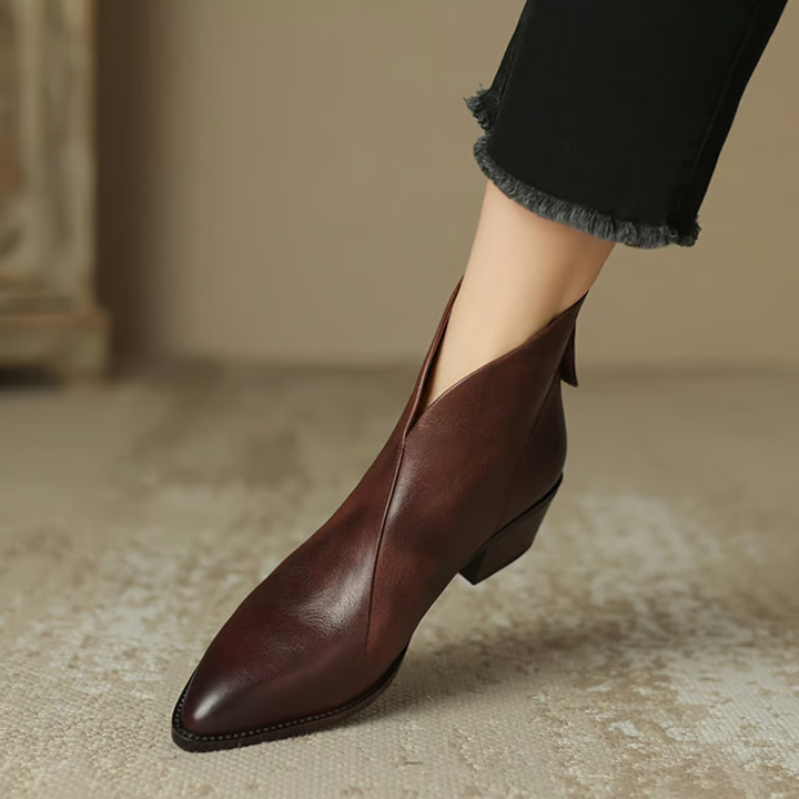 Women's pointed toe ankle boots with low block heels and side zips
