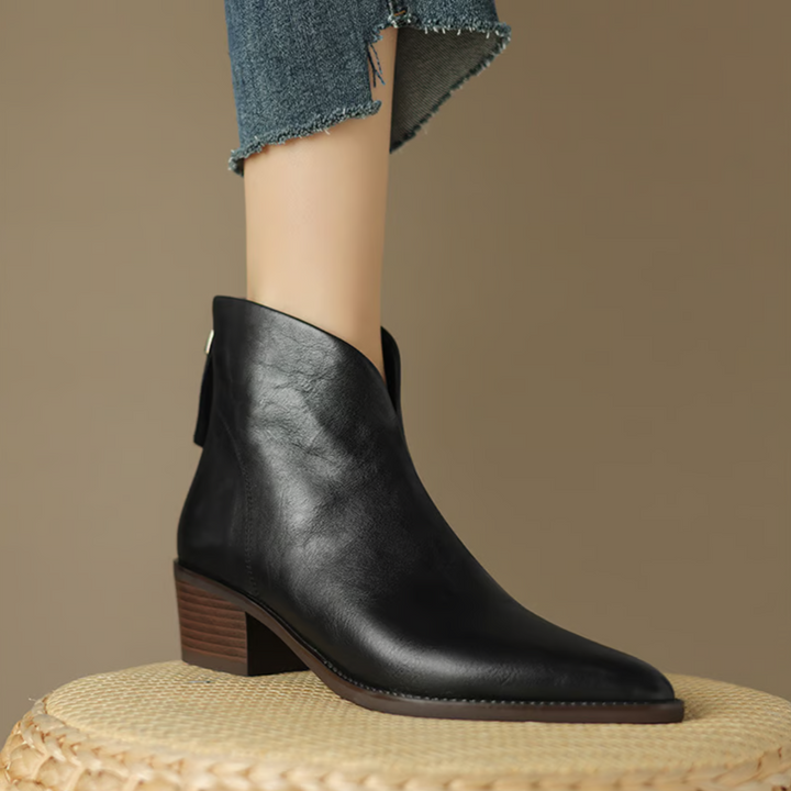 Women's pointed toe ankle boots with low block heels and side zips