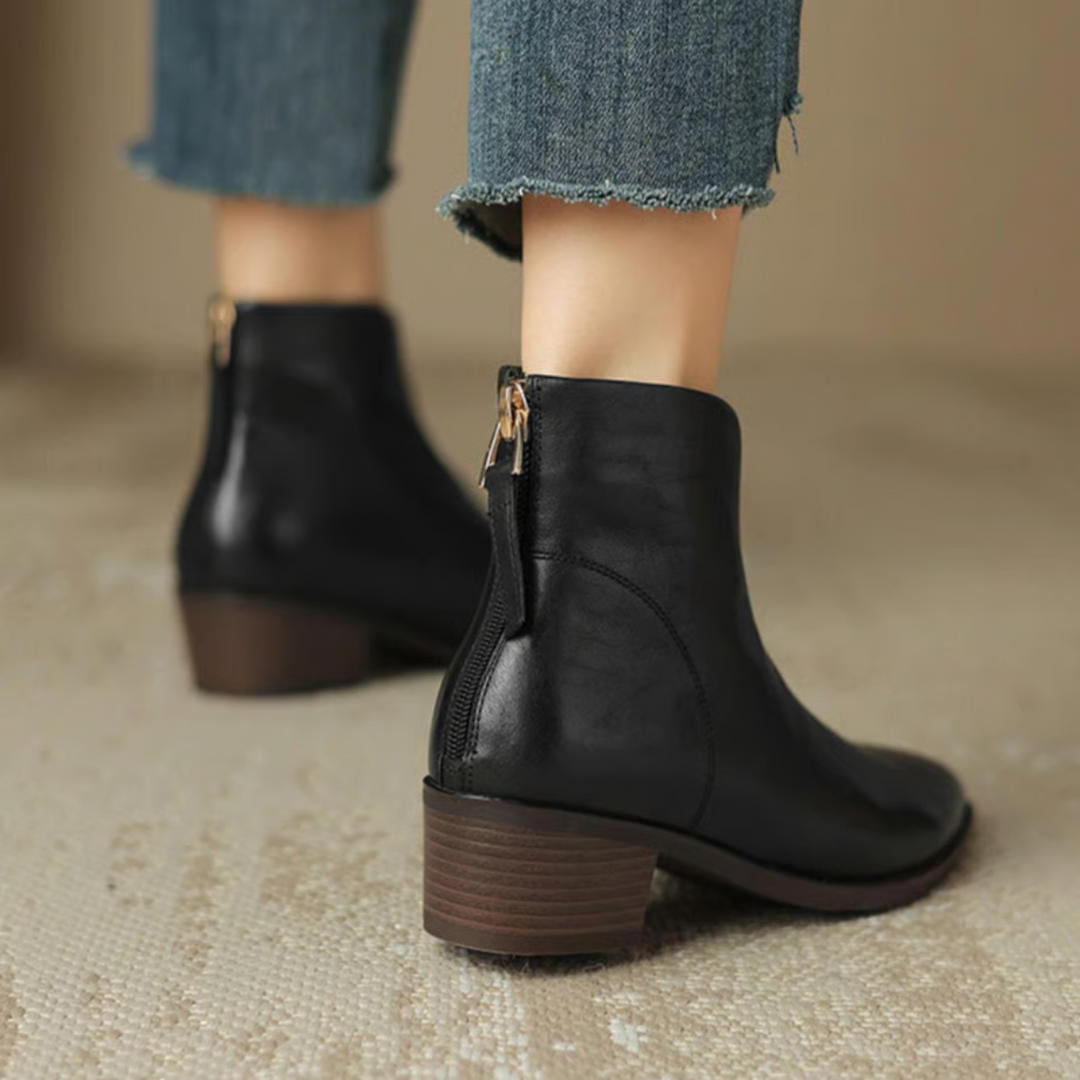 Women's pointed toe ankle boots with low block heels and side zips