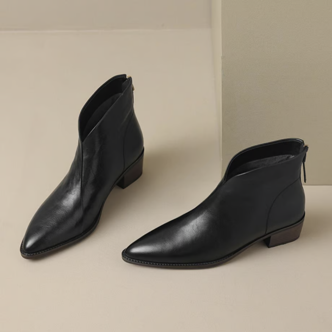 Women's pointed toe ankle boots with low block heels and side zips