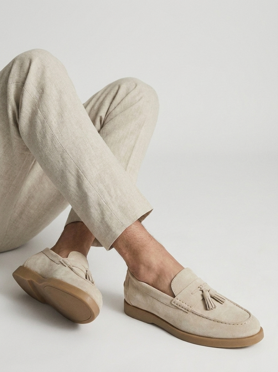 Beige men's tassel loafers with moc toe and low brown sole