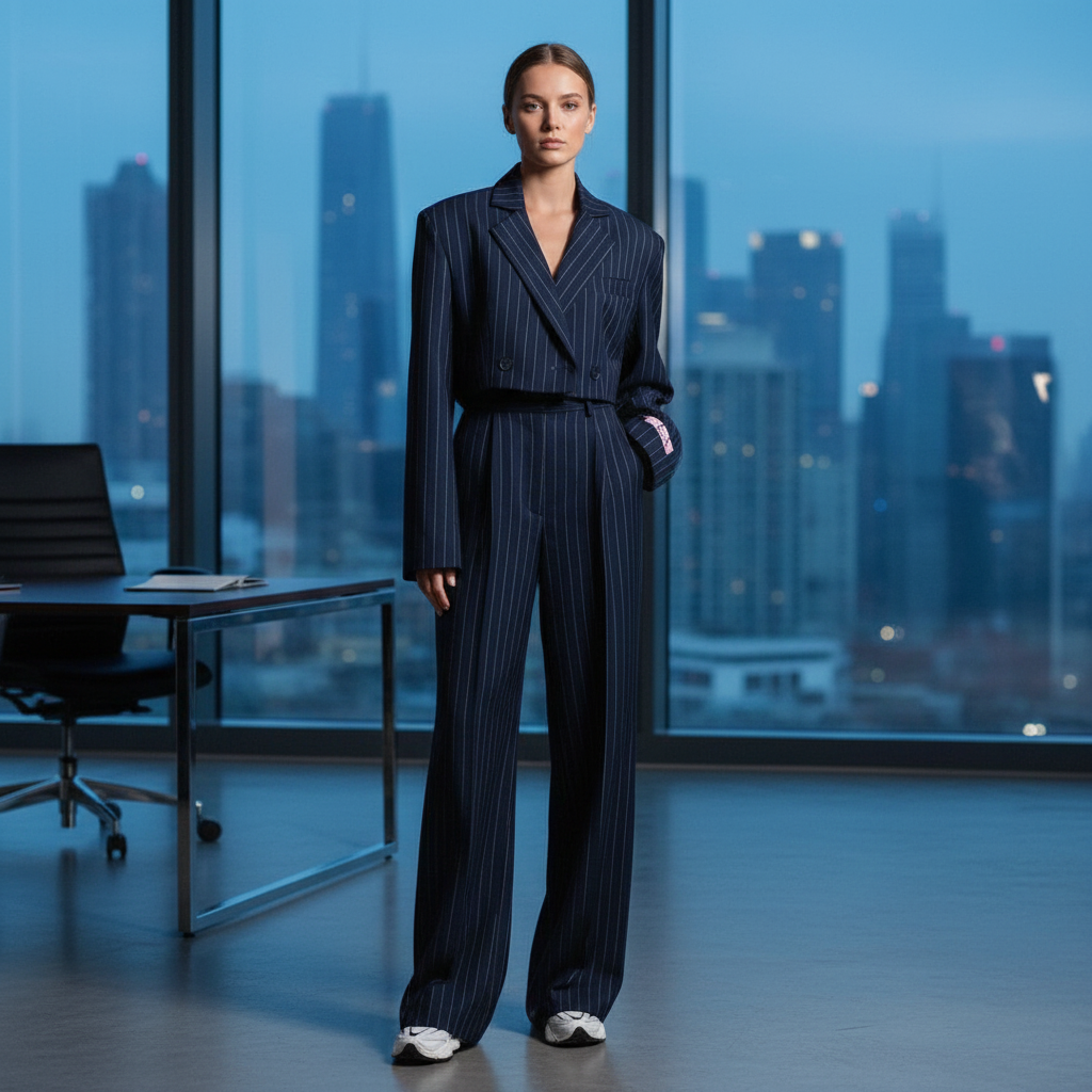 Women's pinstripe trouser suit in navy and grey, shown on two models with white crop top and white trainers.