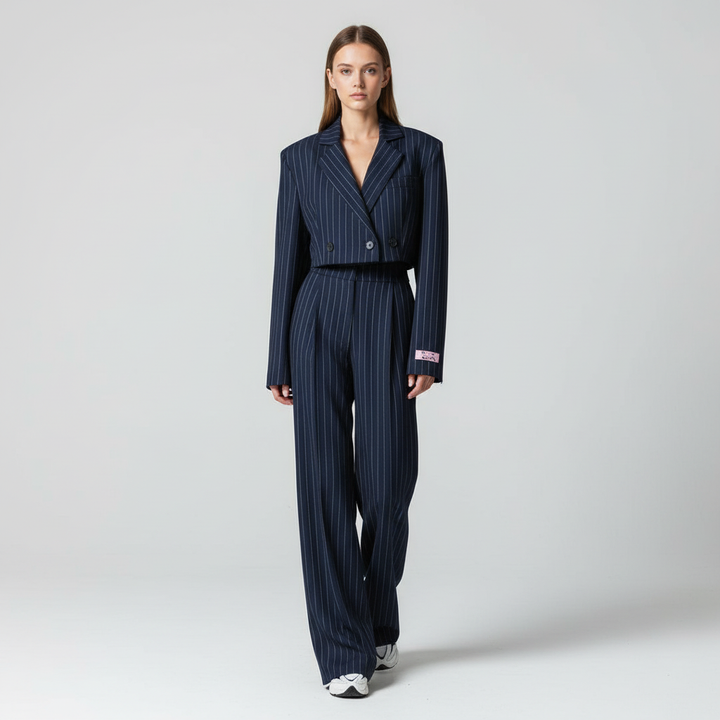 Women's pinstripe trouser suit in navy and grey, shown on two models with white crop top and white trainers.