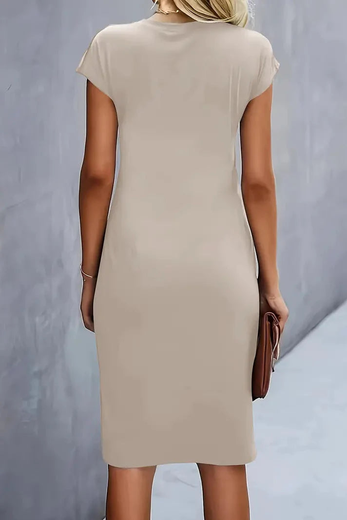 Women's Ruched Midi Evening Dress — Cap Sleeve Prom Occasion Dress