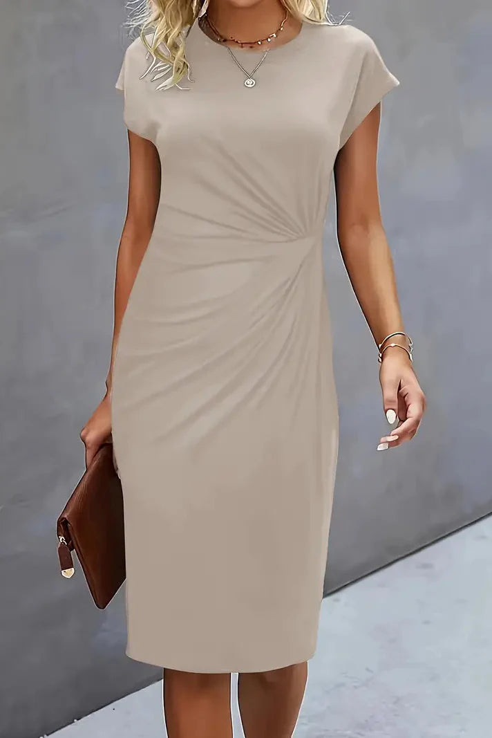 Women's Ruched Midi Evening Dress — Cap Sleeve Prom Occasion Dress