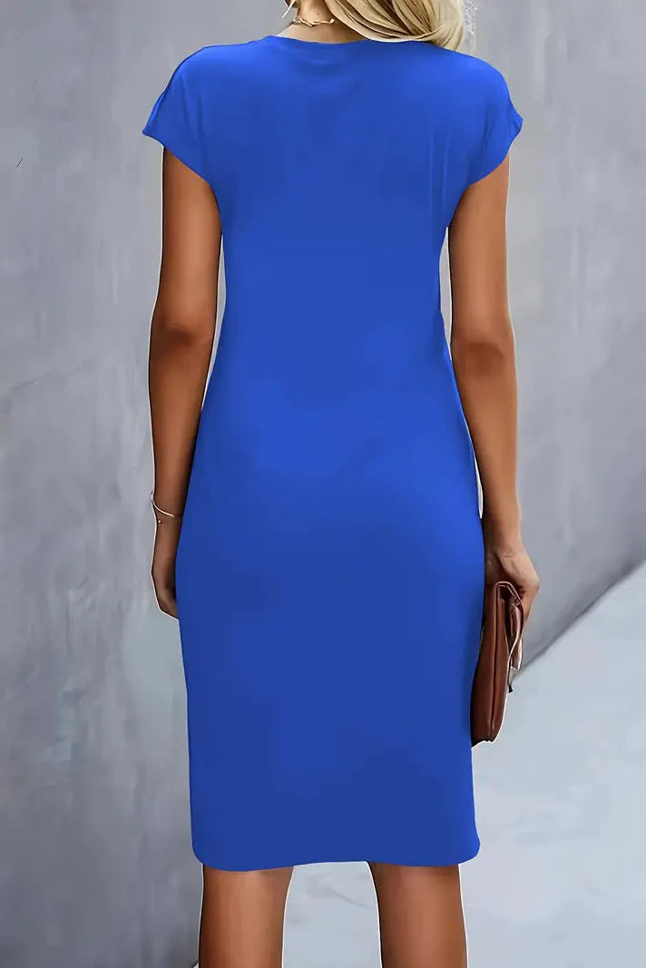 Women's Ruched Midi Evening Dress — Cap Sleeve Prom Occasion Dress
