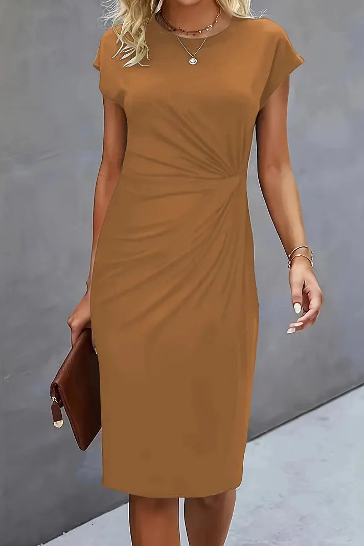 Women's Ruched Midi Evening Dress — Cap Sleeve Prom Occasion Dress
