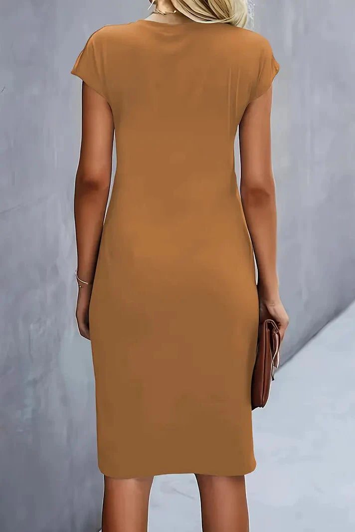 Women's Ruched Midi Evening Dress — Cap Sleeve Prom Occasion Dress