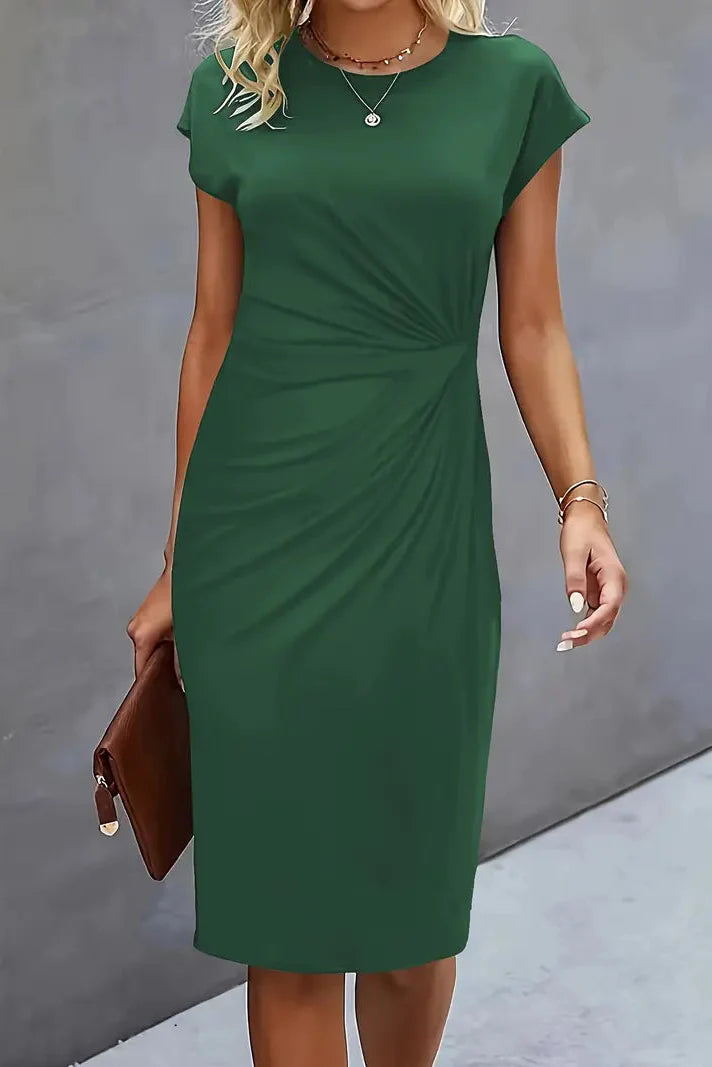 Women's Ruched Midi Evening Dress — Cap Sleeve Prom Occasion Dress