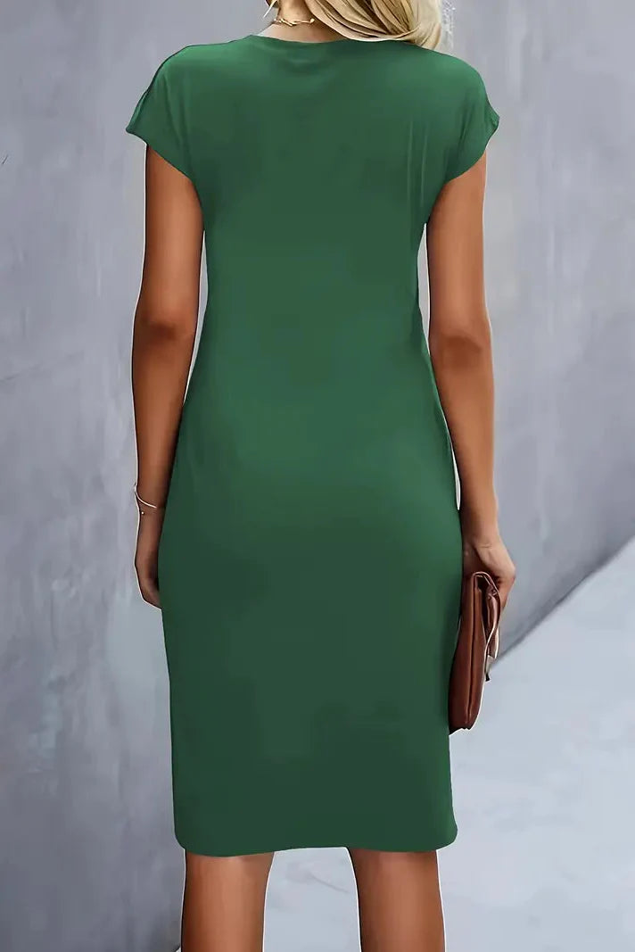 Women's Ruched Midi Evening Dress — Cap Sleeve Prom Occasion Dress