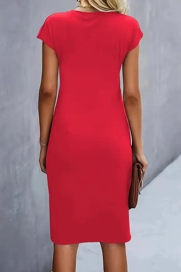Women's Ruched Midi Evening Dress — Cap Sleeve Prom Occasion Dress