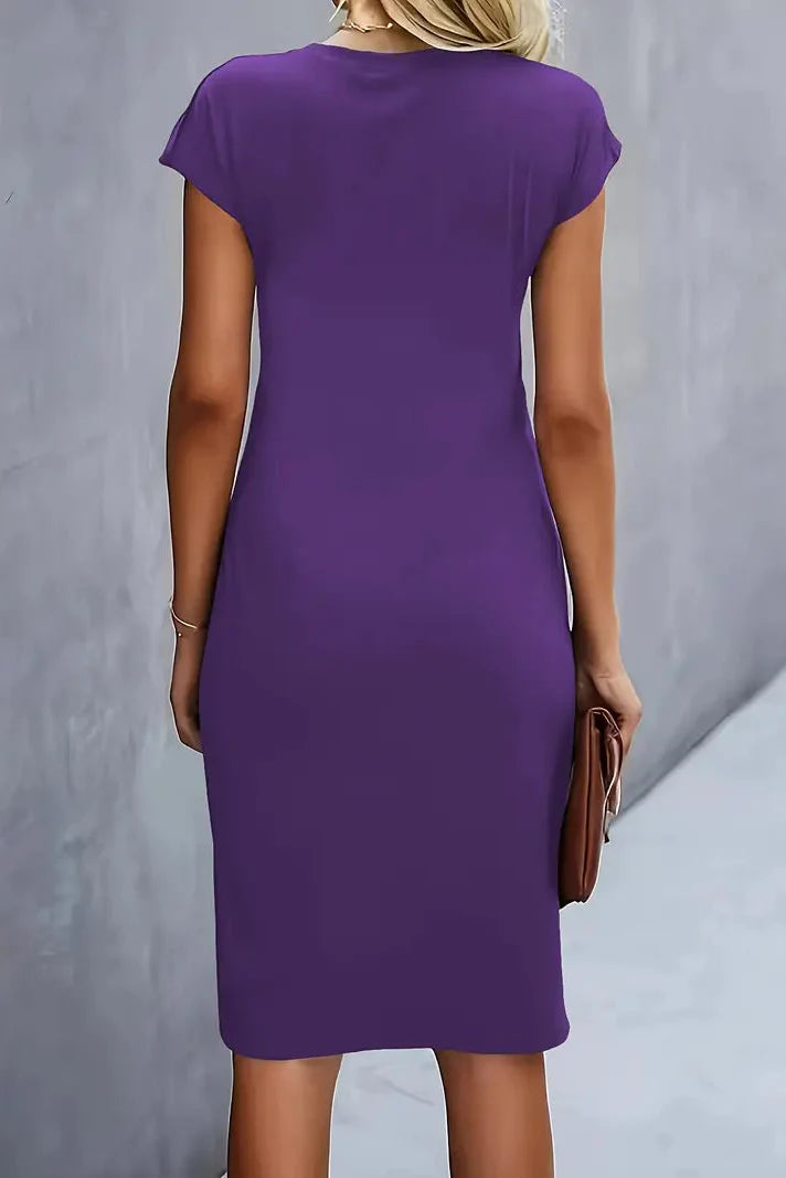Women's Ruched Midi Evening Dress — Cap Sleeve Prom Occasion Dress