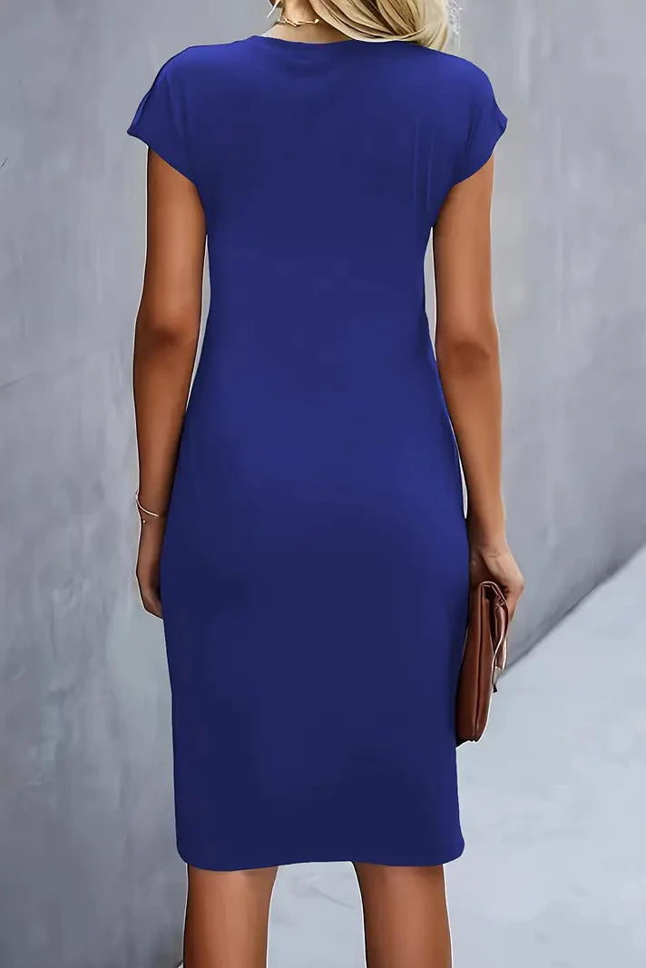 Women's Ruched Midi Evening Dress — Cap Sleeve Prom Occasion Dress