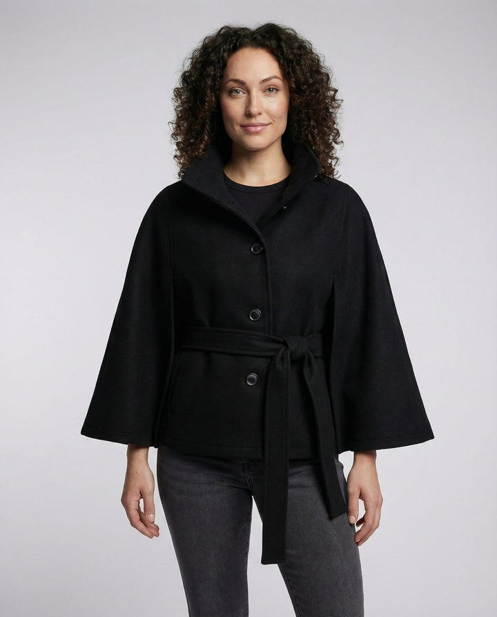 Women's belted wrap jacket with high collar and flared sleeves