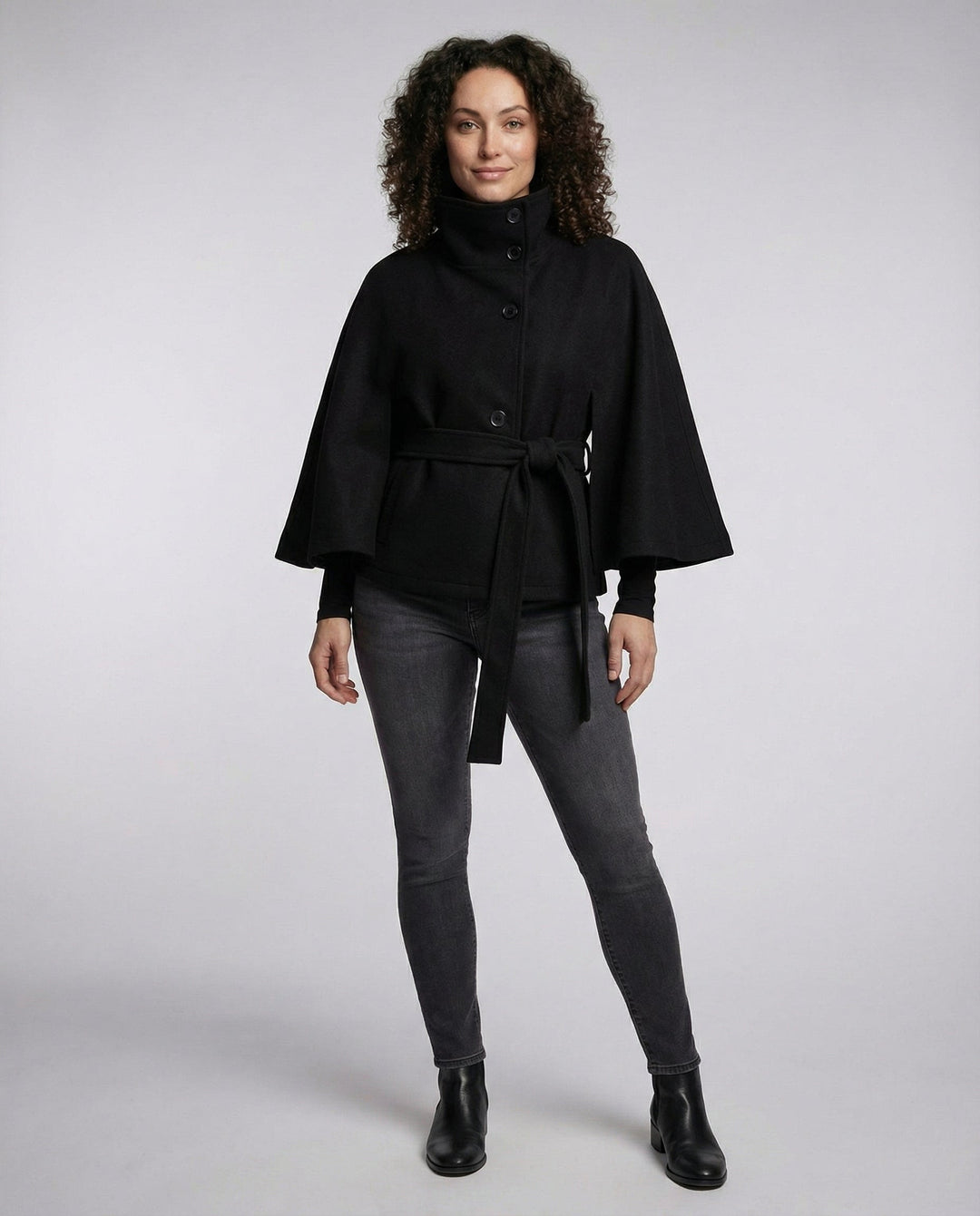 Women's belted wrap jacket with high collar and flared sleeves
