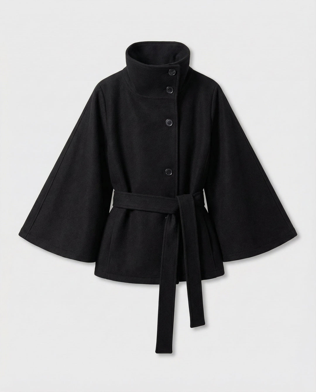 Women's belted wrap jacket with high collar and flared sleeves
