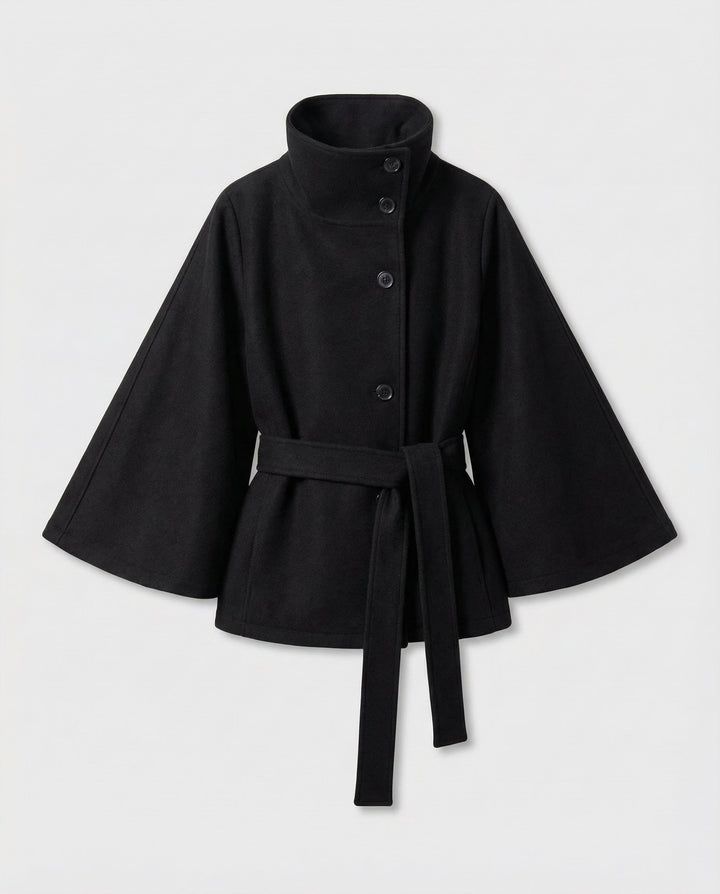 Women's belted wrap jacket with high collar and flared sleeves