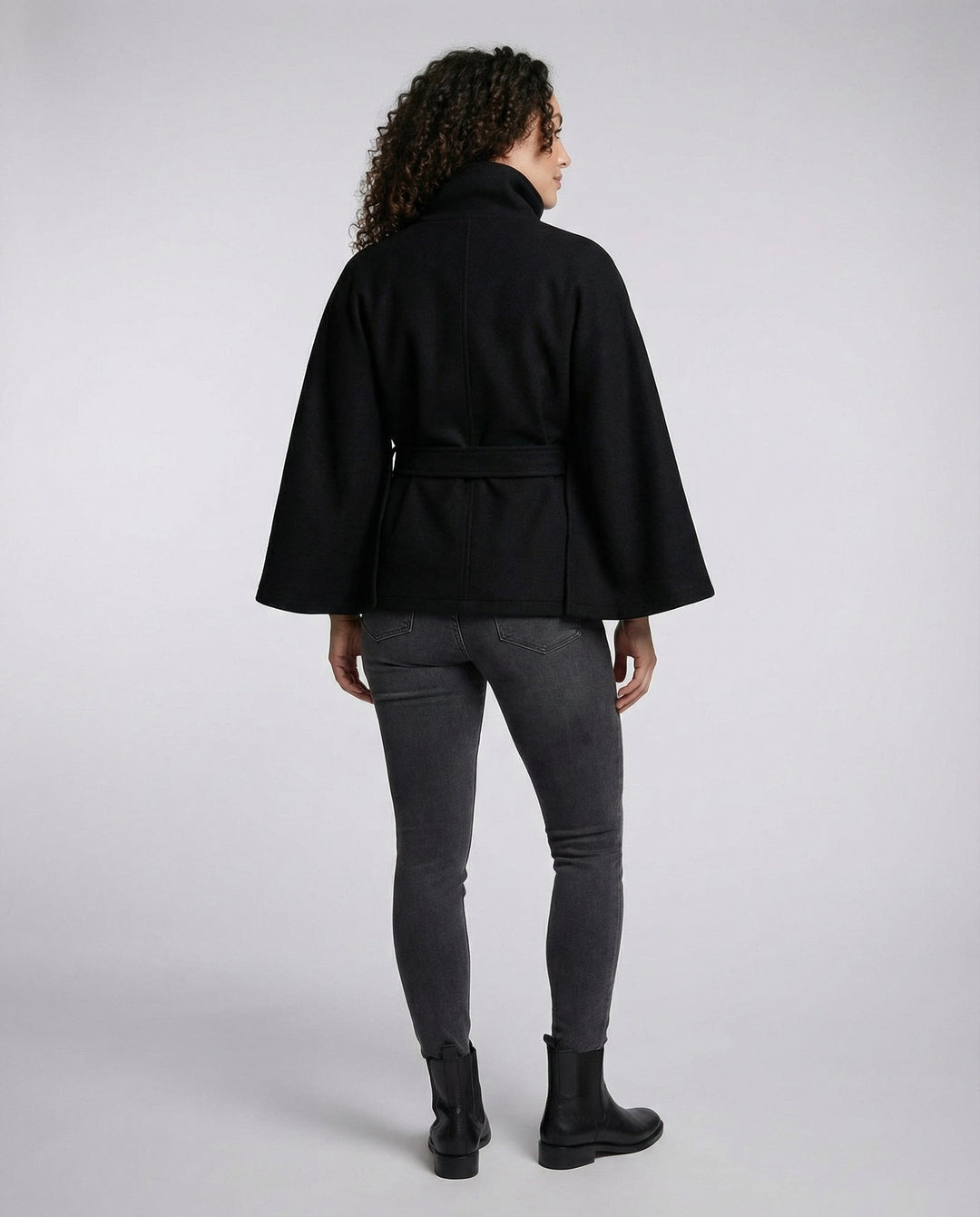 Women's belted wrap jacket with high collar and flared sleeves