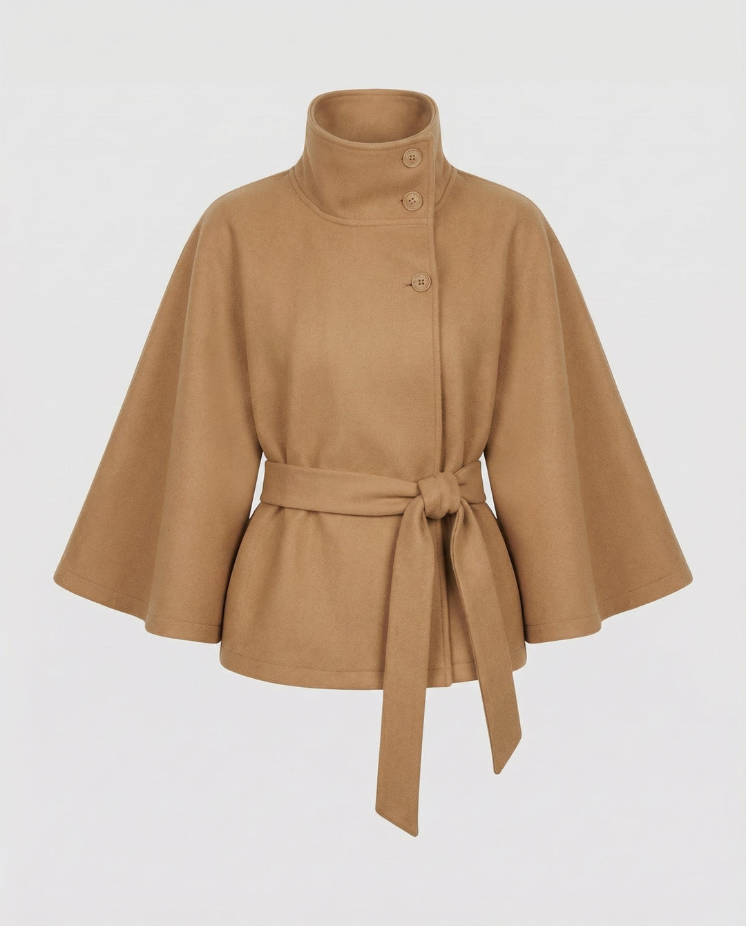 Women's belted wrap jacket with high collar and flared sleeves