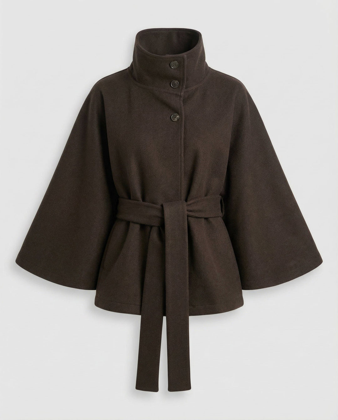 Women's belted wrap jacket with high collar and flared sleeves