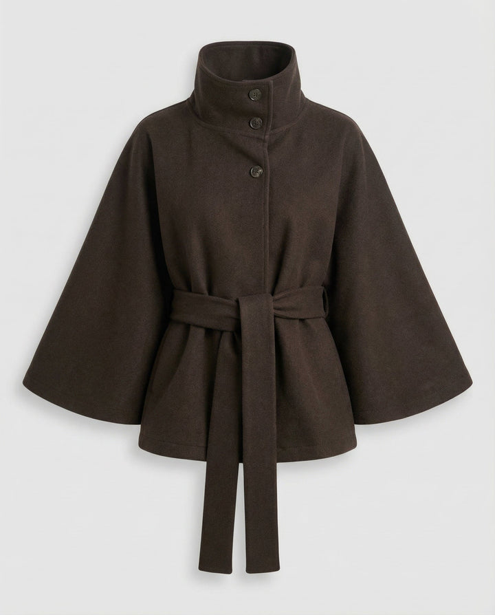 Women's belted wrap jacket with high collar and flared sleeves
