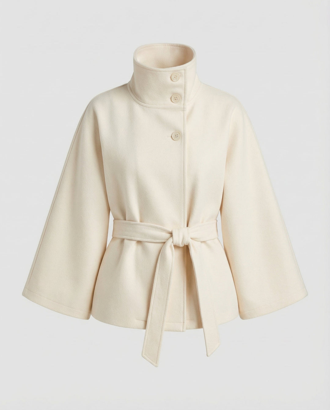 Women's belted wrap jacket with high collar and flared sleeves