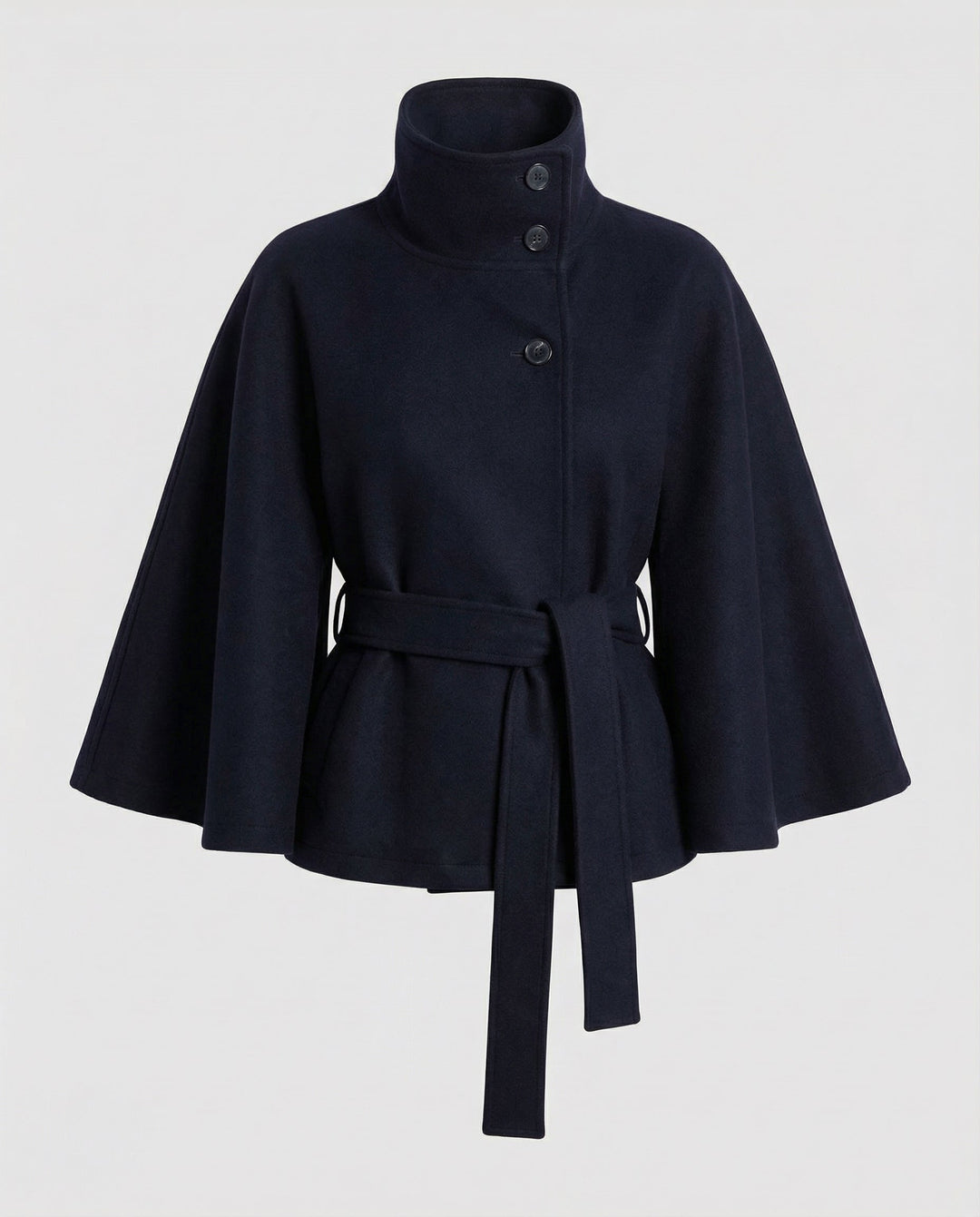Women's belted wrap jacket with high collar and flared sleeves