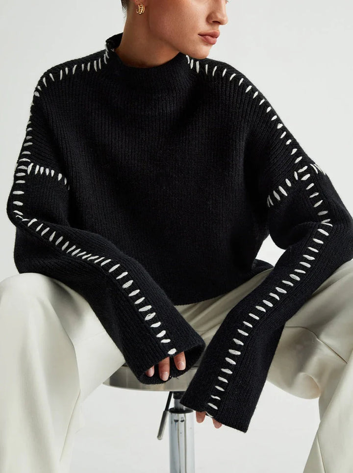 Women's knitted jumper with contrasting stitch trim, crew neck and long sleeves