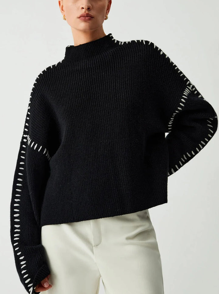 Women's knitted jumper with contrasting stitch trim, crew neck and long sleeves