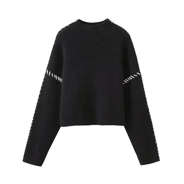 Women's knitted jumper with contrasting stitch trim, crew neck and long sleeves