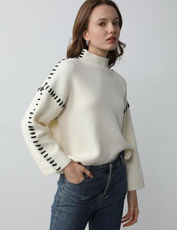 Women's knitted jumper with contrasting stitch trim, crew neck and long sleeves