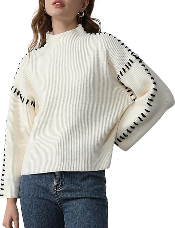 Women's knitted sweater with contrast stitch detailing on the sleeves