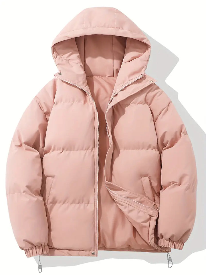 Women's hooded quilted puffer jacket with long sleeves and zip pockets