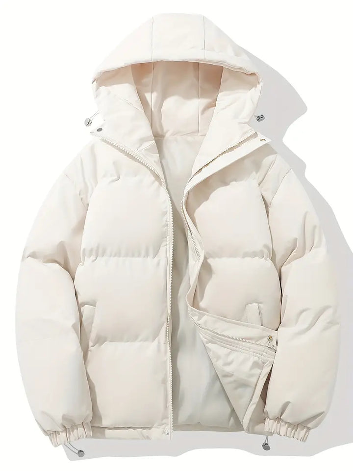 Women's hooded quilted puffer jacket with long sleeves and zip pockets