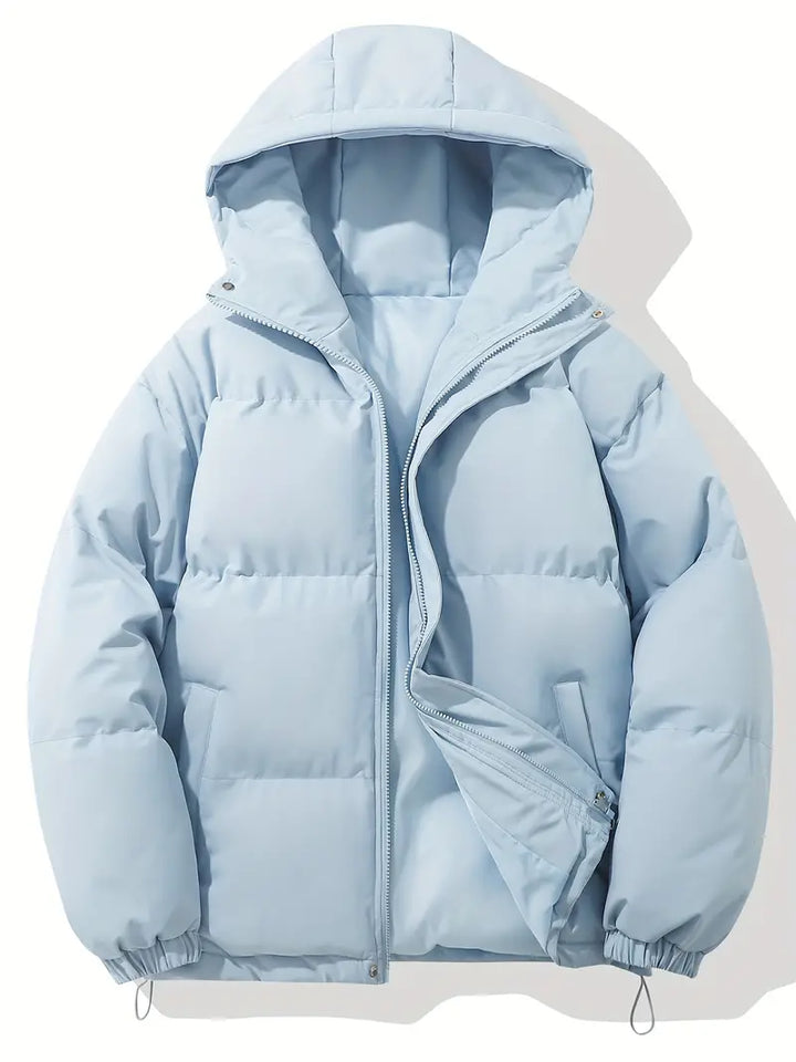 Women's hooded quilted puffer jacket with long sleeves and zip pockets