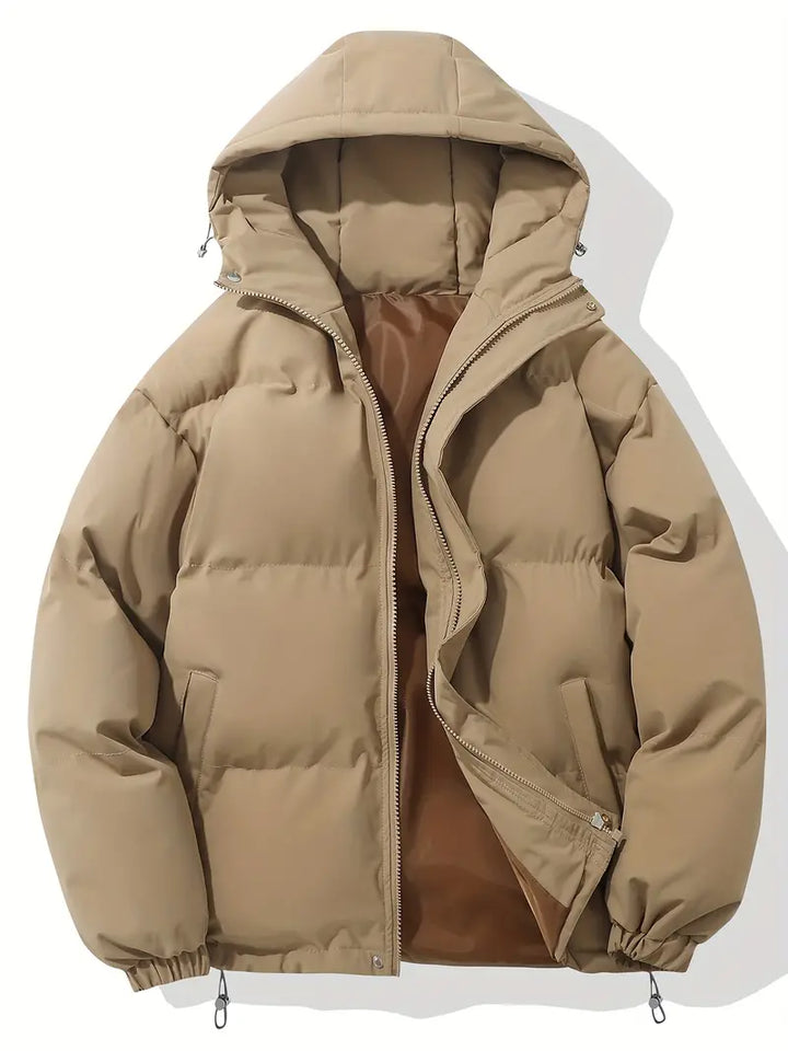 Women's hooded quilted puffer jacket with long sleeves and zip pockets