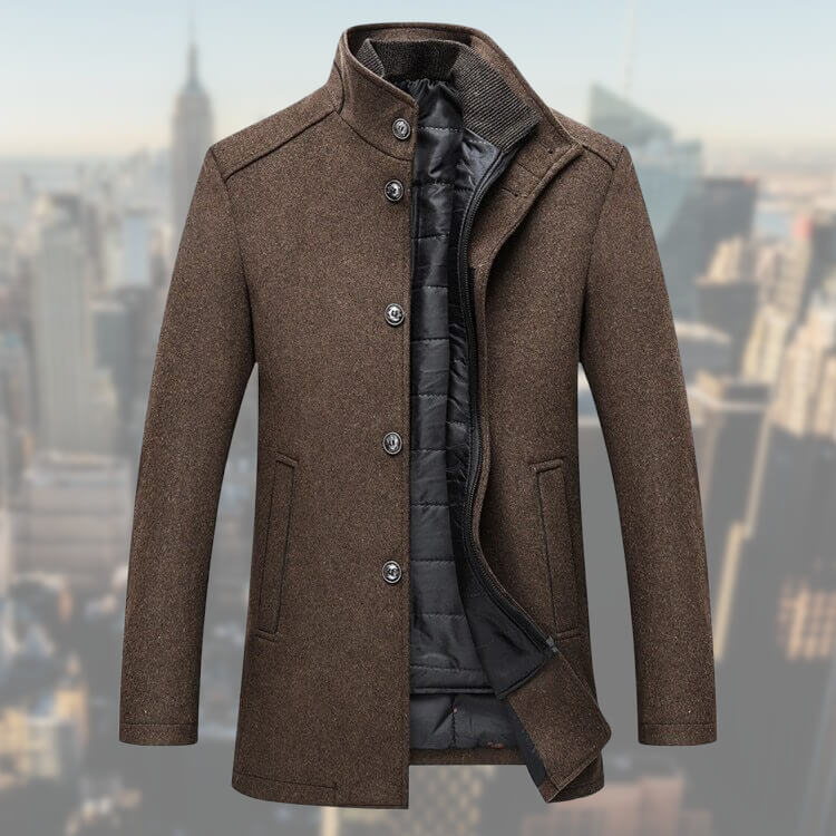 Men's button-front winter coat with stand collar