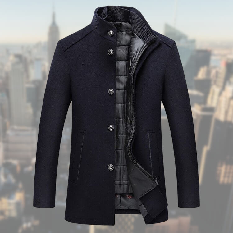 Men's button-front winter coat with stand collar