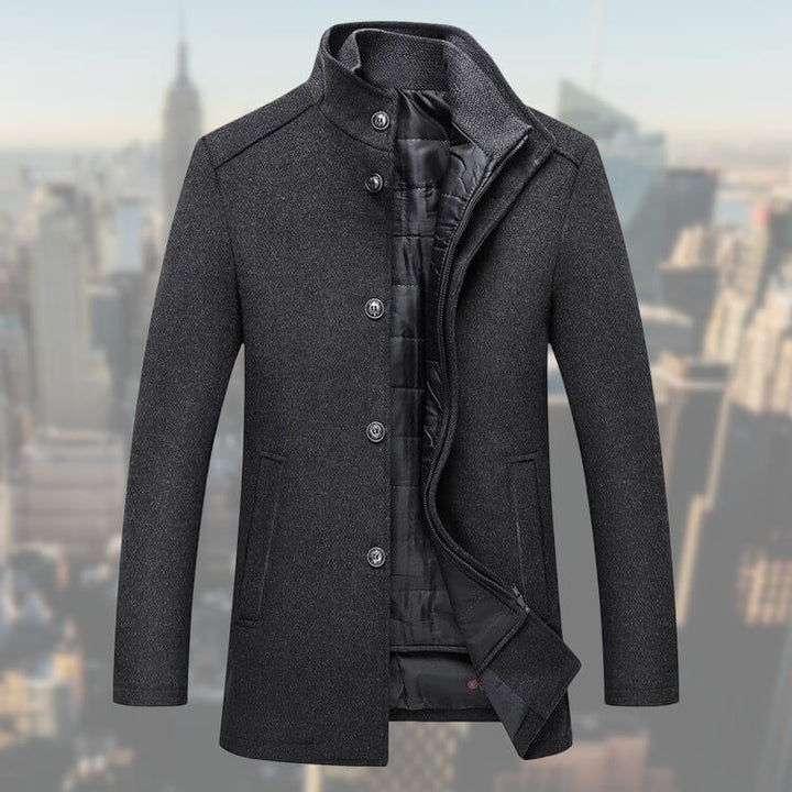 Men's button-front winter coat with stand collar